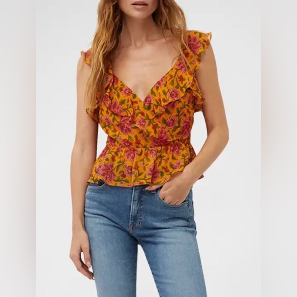 Veronica Beard Randa Ruffled Floral Print Silk Crepe Top Size 0 New